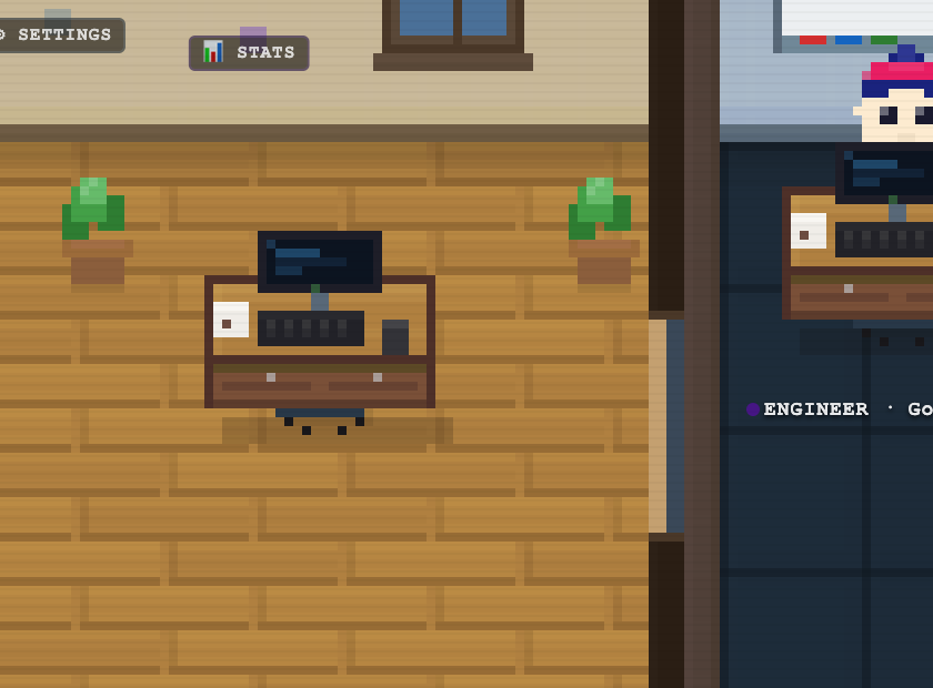 Zoomed office room with pixel-art agents