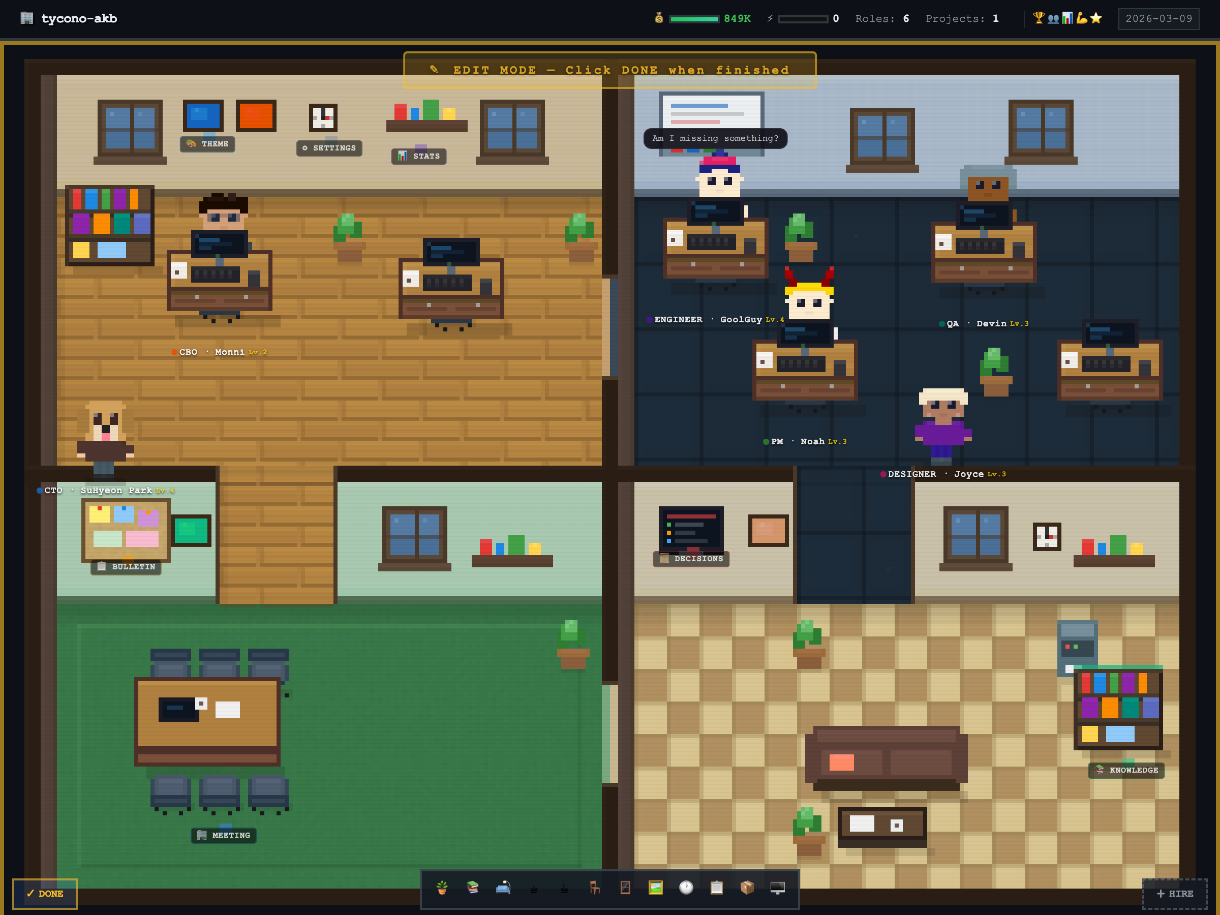 Edit Mode — rearrange furniture and customize your office