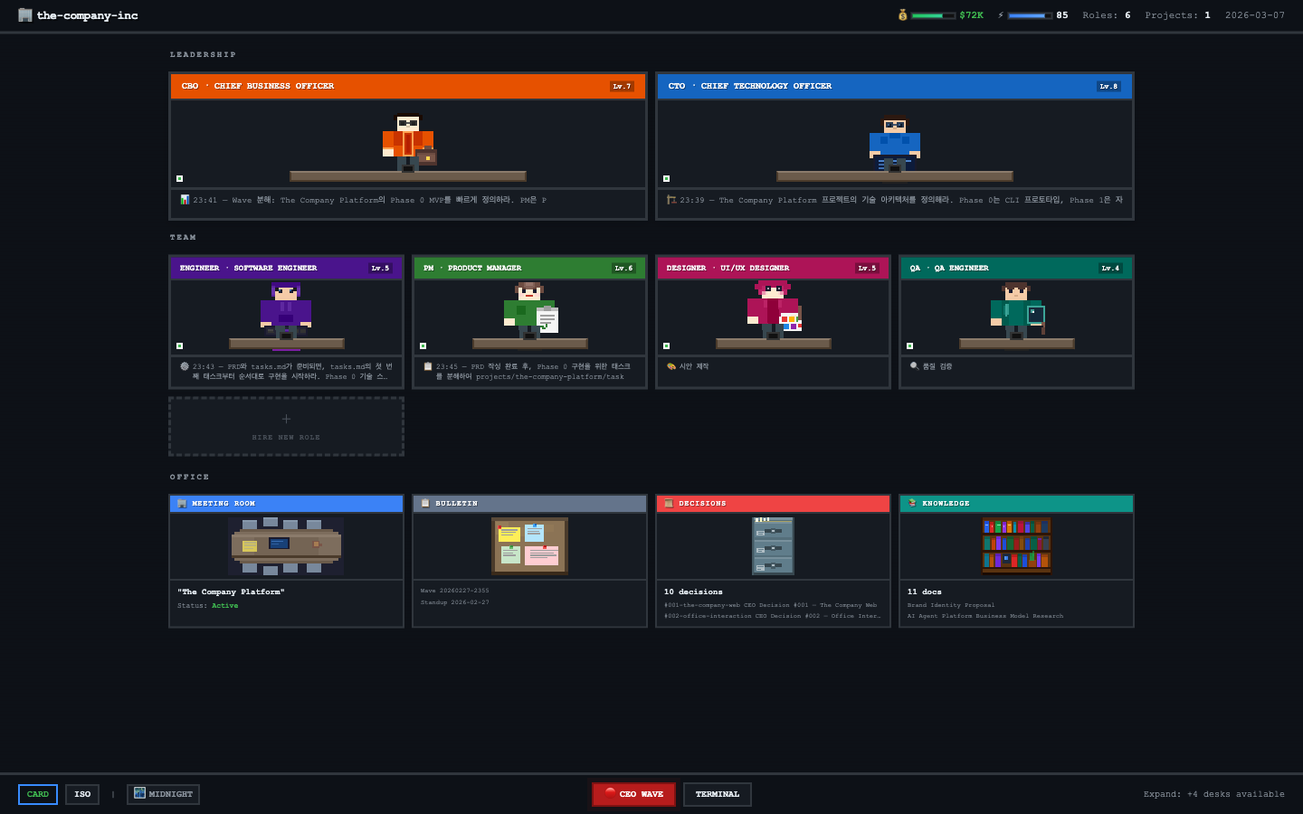 Tycono — Office Tycoon Dashboard with AI agents at their desks